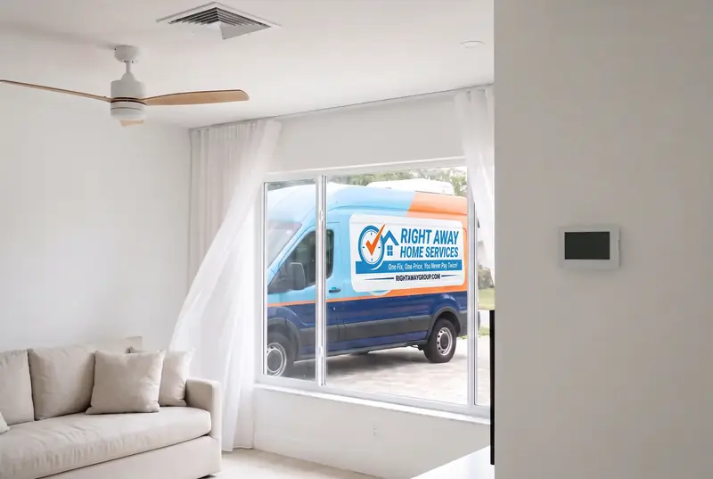 A bright living room with a ceiling fan, a ceiling air vent, a wall thermostat and sheer curtains, the company's sky-blue and orange van parked outside the window
