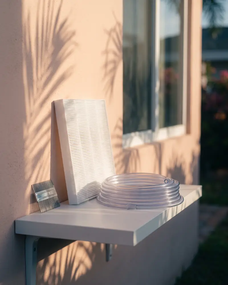 A clean pleated air filter, condensate tubing and a fin comb on a sunny ledge