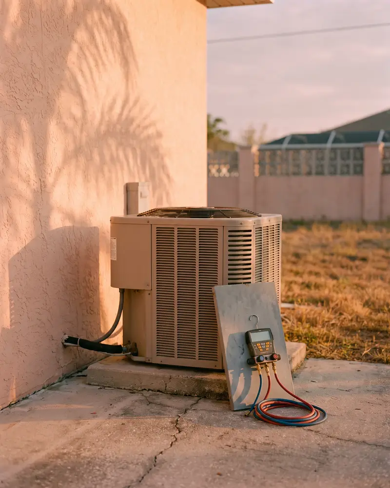 An outdoor AC condenser beside a stucco wall, service panel off and gauges attached