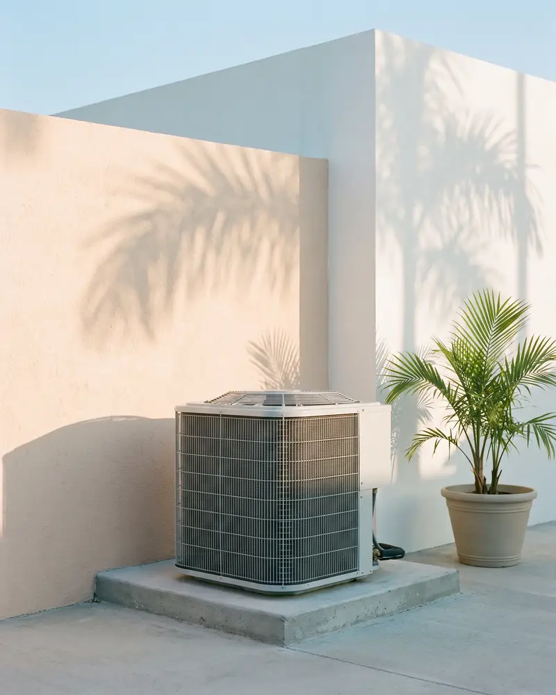 A new outdoor AC condenser on a fresh concrete pad beside a white stucco wall and a palm