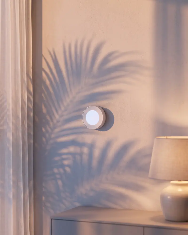 A wall thermostat glowing softly beside a lamp at dusk