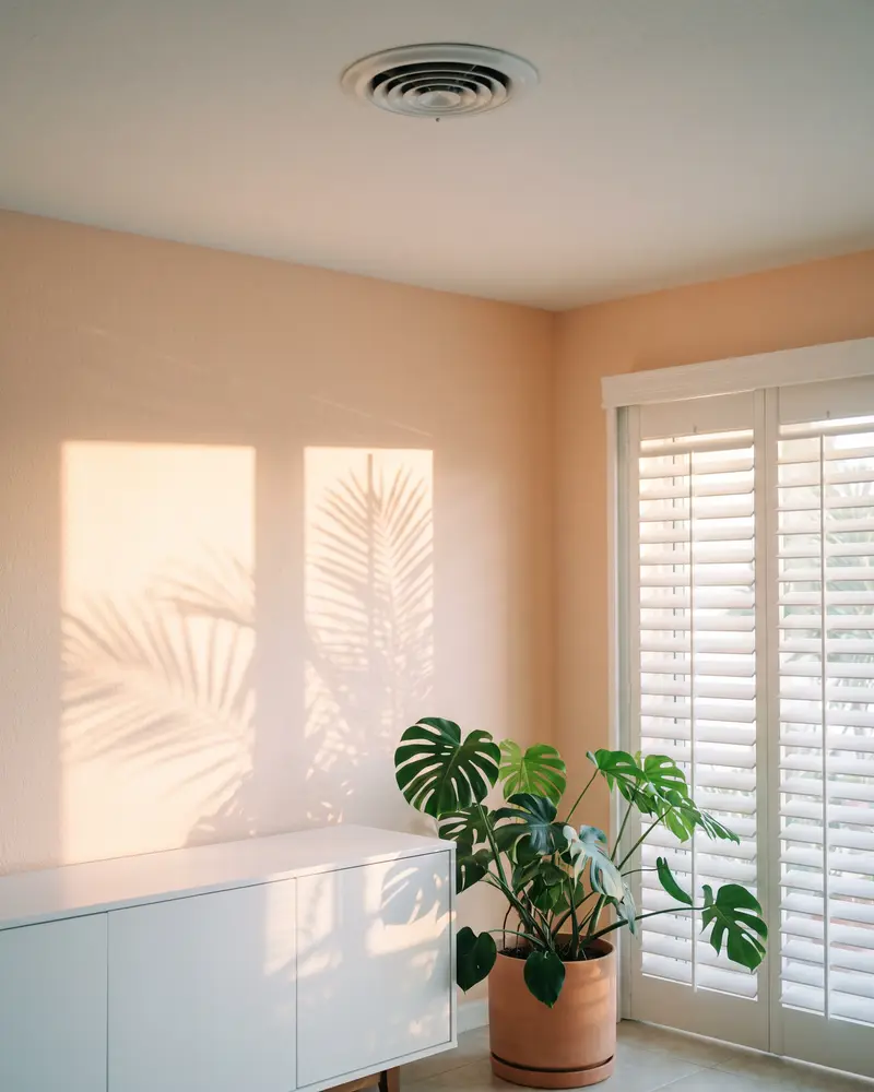 A bright living room with a ceiling supply vent and sunlight through louvered shutters